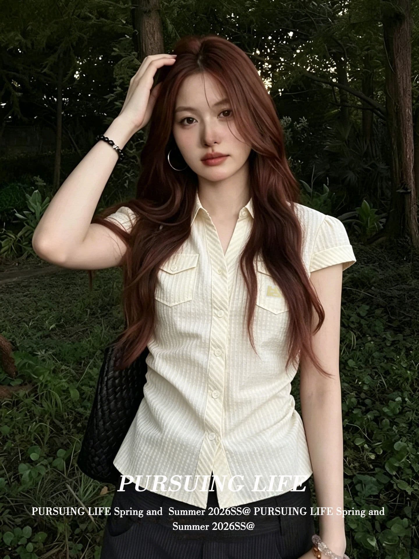 원본 자카드 스트라이프 프랑스식 폴로 칼라 반팔 여성 셔츠 여름 스트라이프 질감 센스 셔츠 몸매 가꾸기 맨위 상세 이미지 5