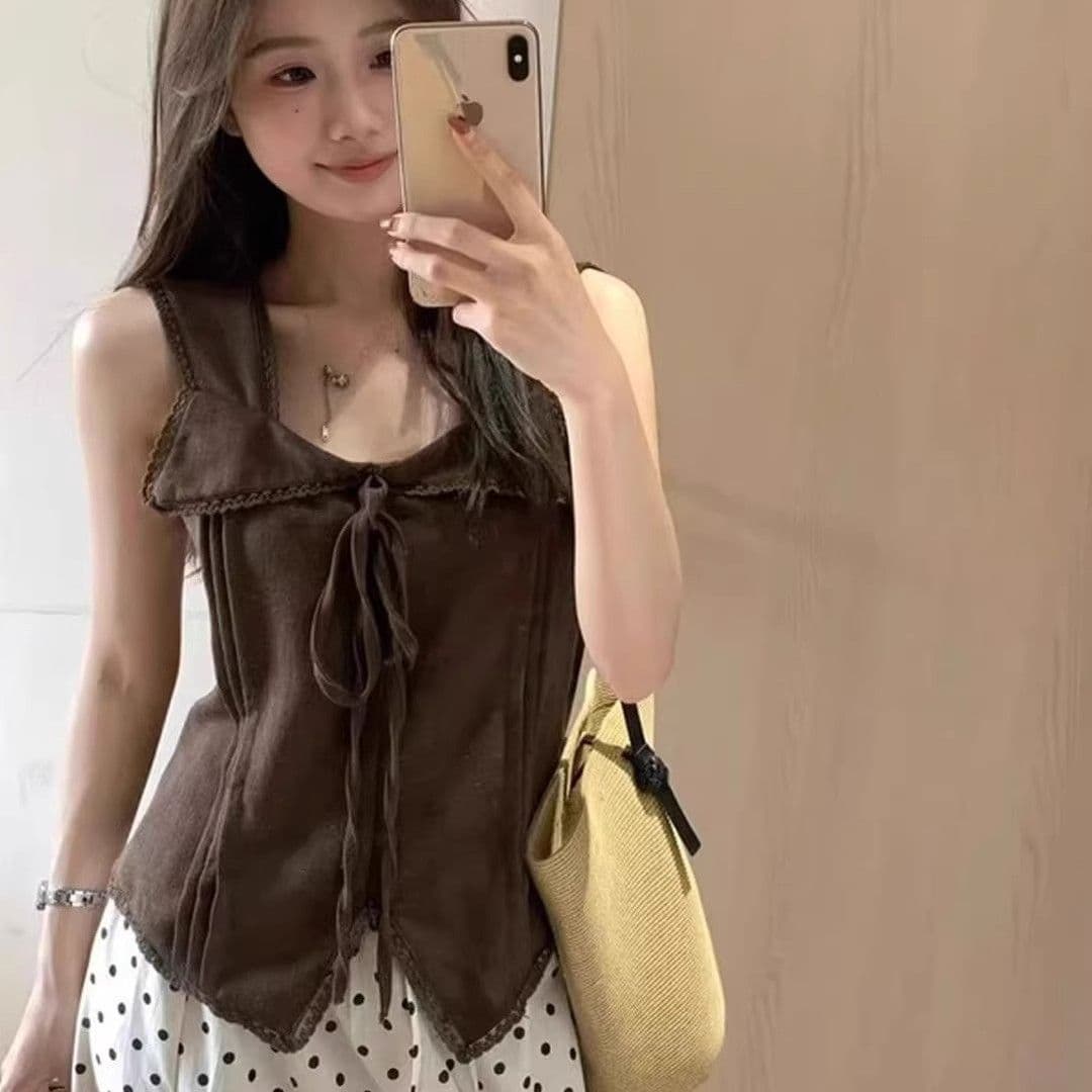 한국 스타일 레이스업 나비 매듭 민소매 조끼 여성 셔츠 여름 새로운 디자인 센스 작은 대중 허리 수축 슬림해 보이는 셔츠 트렌디