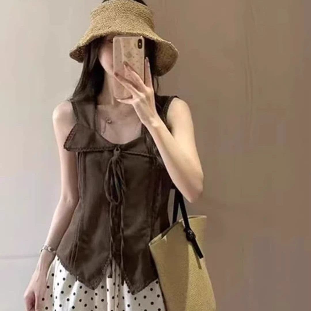한국 스타일 레이스업 나비 매듭 민소매 조끼 여성 셔츠 여름 새로운 디자인 센스 작은 대중 허리 수축 슬림해 보이는 셔츠 트렌디 상세 이미지 3