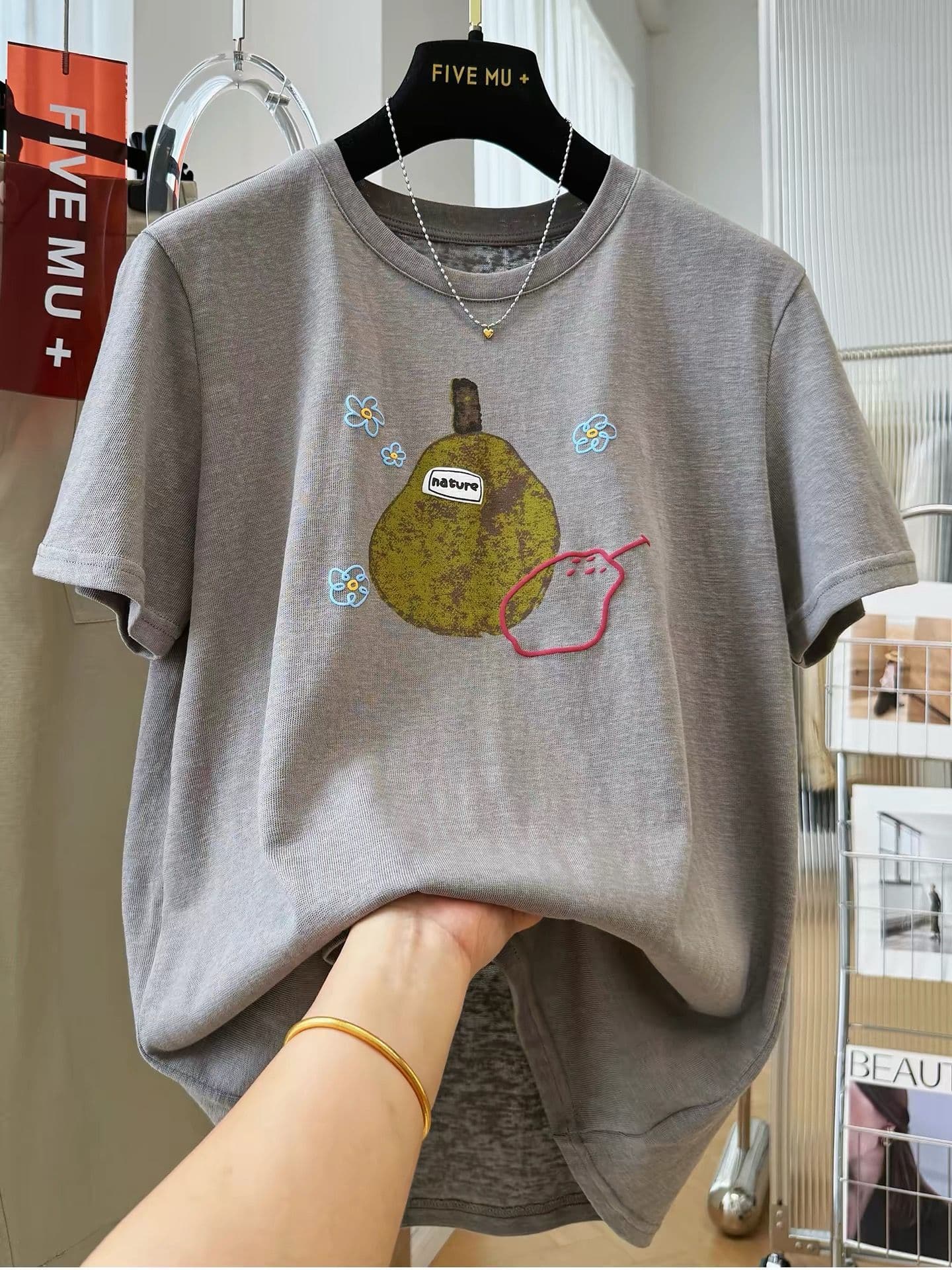 눈꽃 면 특별 빅 사이즈 300 근 Chic 프린트 캐주얼 반팔 티셔츠 여성 여름 맨위 상세 이미지 1