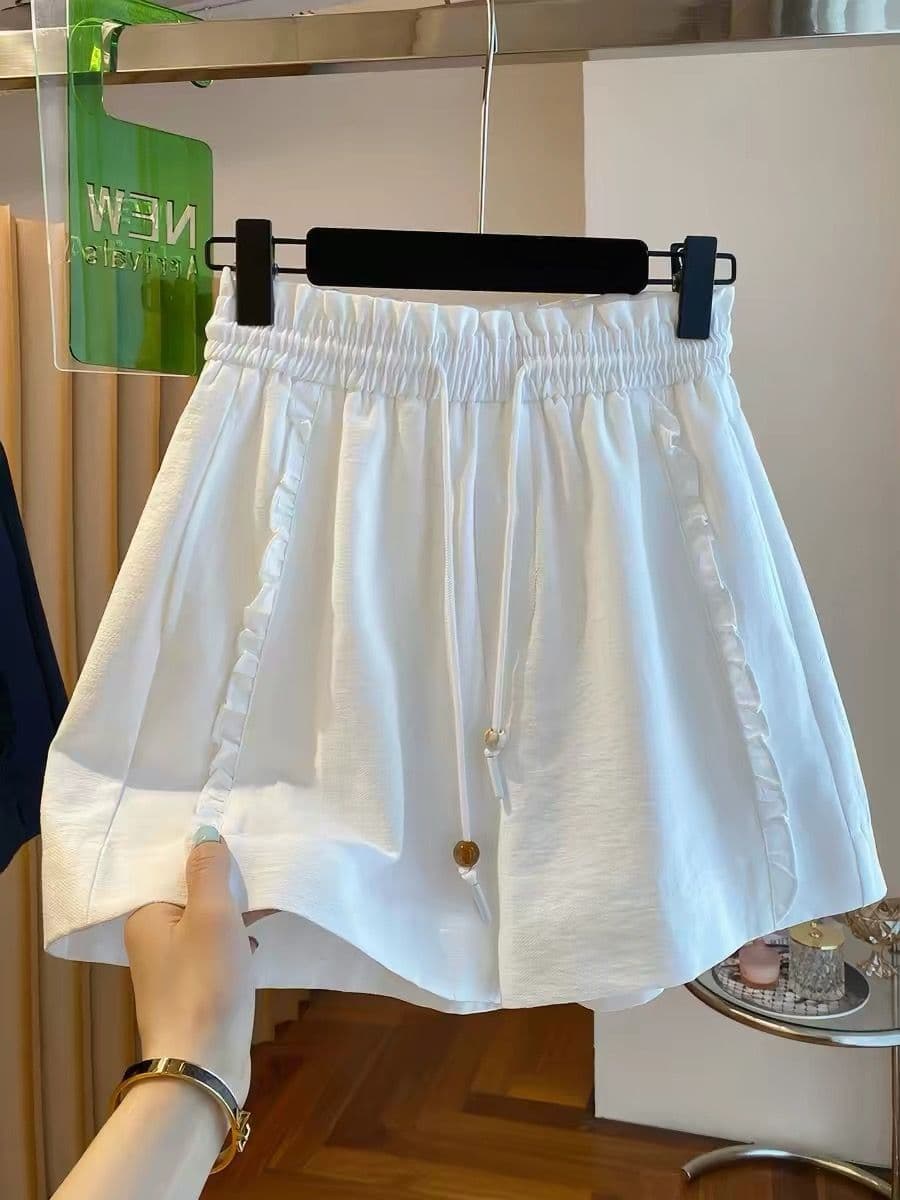 원본 원단 특별 빅 사이즈 300 근 프릴 캐주얼 넓은 다리가 짧다. 바지 여성 여름 섹션 밴딩 높은 허리 바지 이미지 2
