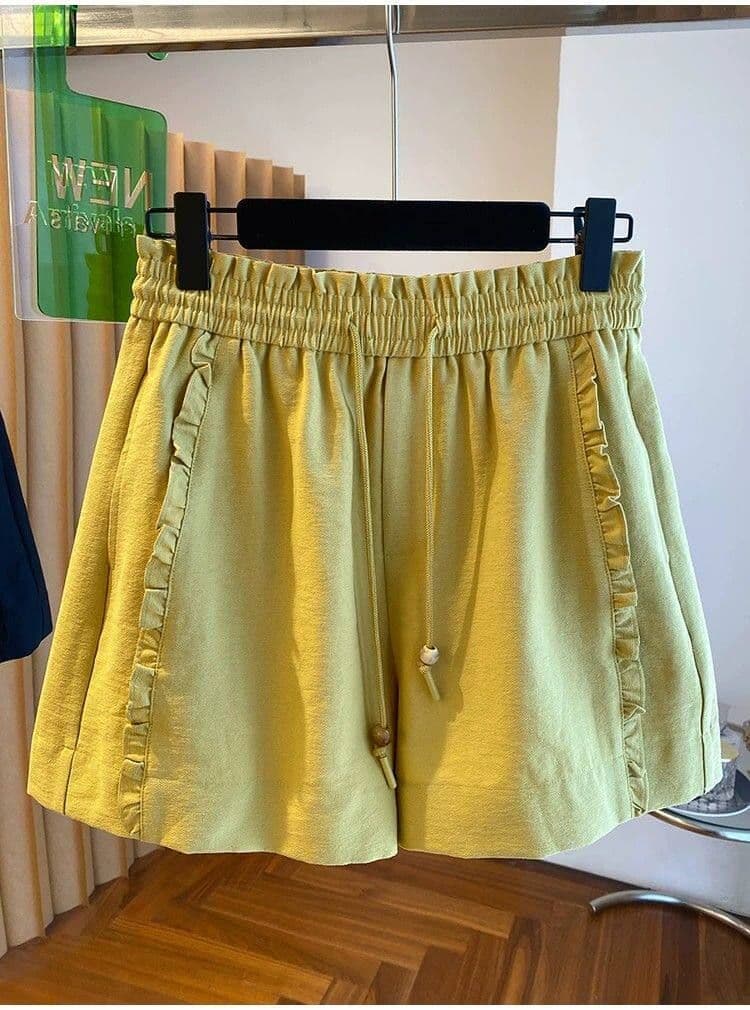 원본 원단 특별 빅 사이즈 300 근 프릴 캐주얼 넓은 다리가 짧다. 바지 여성 여름 섹션 밴딩 높은 허리 바지 상세 이미지 1