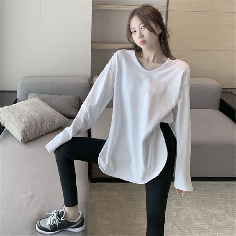 32 당겨 프레임 순면 95 면 5 암모니아 Lun 순면 여성 루즈핏 V넥 중간 길이 티셔츠 여성 가을 트렌디 상세 이미지 4