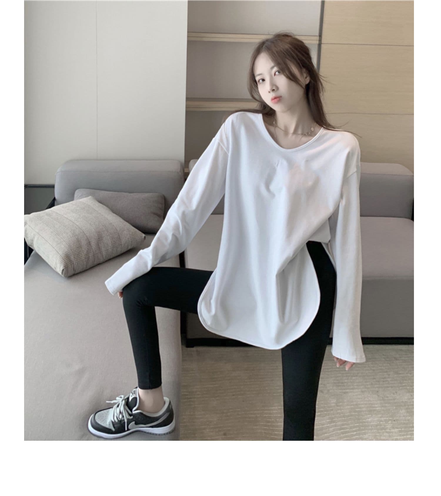 32 당겨 프레임 순면 95 면 5 암모니아 Lun 순면 여성 루즈핏 V넥 중간 길이 티셔츠 여성 가을 트렌디 상세 이미지 6