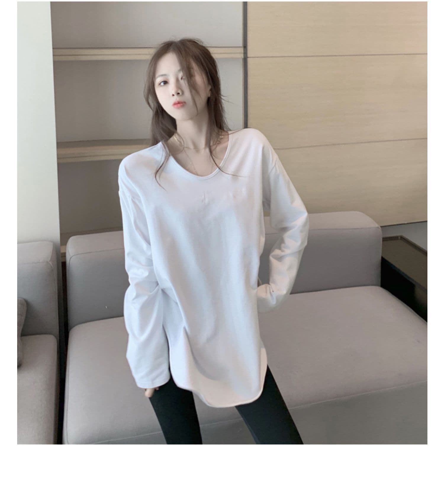 32 당겨 프레임 순면 95 면 5 암모니아 Lun 순면 여성 루즈핏 V넥 중간 길이 티셔츠 여성 가을 트렌디 상세 이미지 8