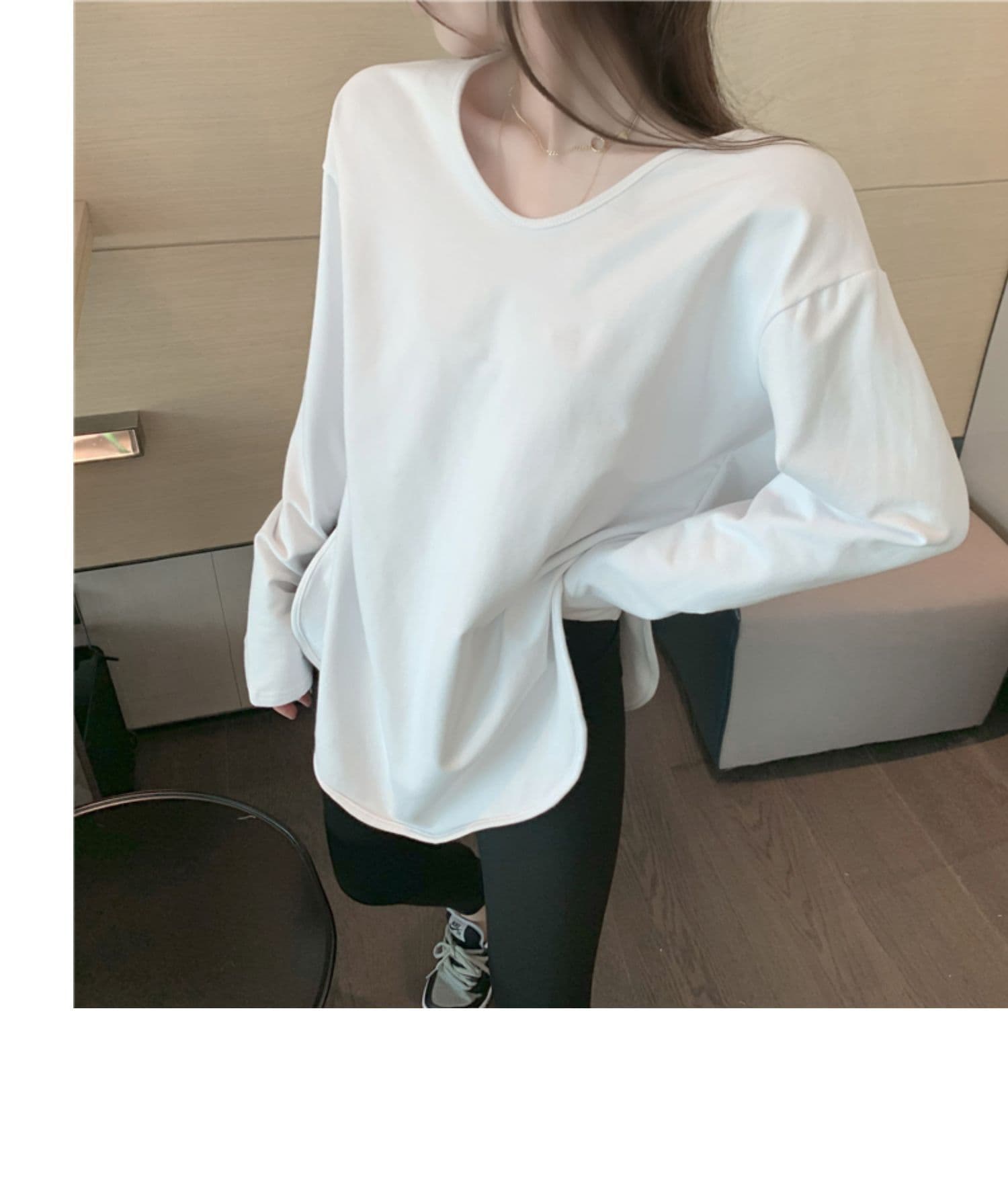 32 당겨 프레임 순면 95 면 5 암모니아 Lun 순면 여성 루즈핏 V넥 중간 길이 티셔츠 여성 가을 트렌디 상세 이미지 9