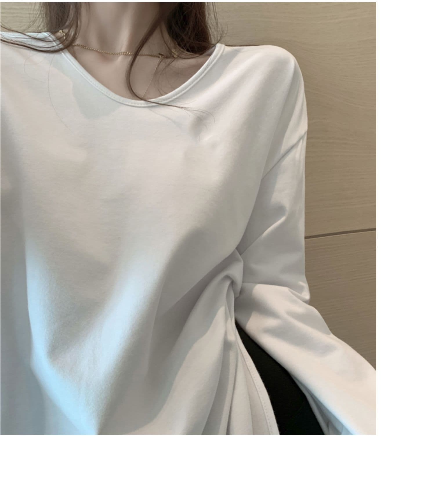 32 당겨 프레임 순면 95 면 5 암모니아 Lun 순면 여성 루즈핏 V넥 중간 길이 티셔츠 여성 가을 트렌디 상세 이미지 10
