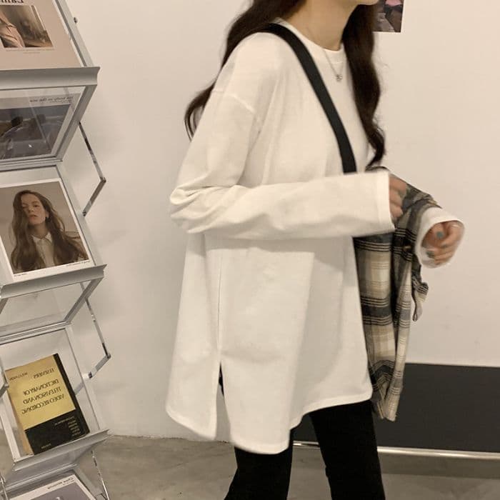 202626 지점 순면 긴팔 티셔츠 여성 의류 중간 길이 기본 셔츠 루즈핏 가을 겨울 털이 있는 맨위 상세 이미지 1