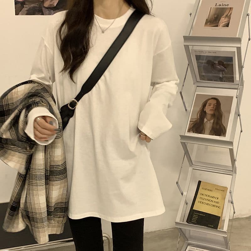 202626 지점 순면 긴팔 티셔츠 여성 의류 중간 길이 기본 셔츠 루즈핏 가을 겨울 털이 있는 맨위 상세 이미지 6
