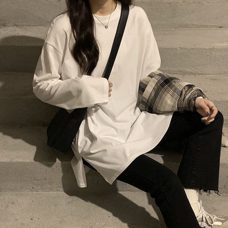202626 지점 순면 긴팔 티셔츠 여성 의류 중간 길이 기본 셔츠 루즈핏 가을 겨울 털이 있는 맨위 상세 이미지 8