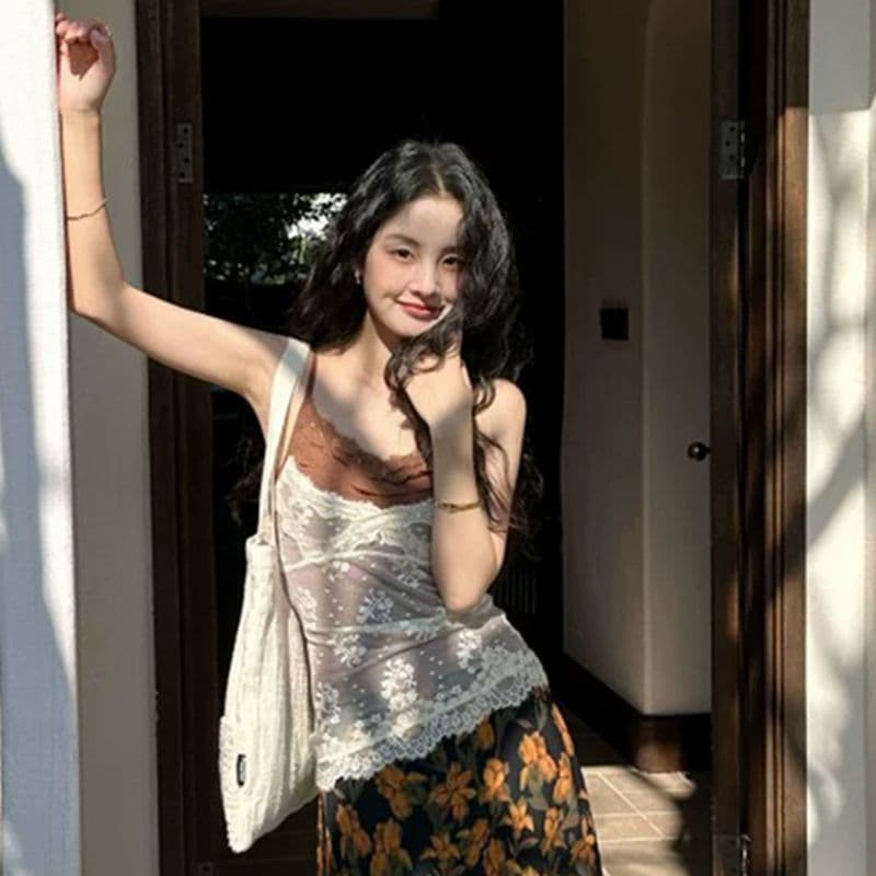 패치워크 배색 페이크 레이어드 디자인 센스 조끼 슬립 여성 몸매 가꾸기 다용도 외출용 레이스 레이스 민소매 맨위 여름 이미지 3
