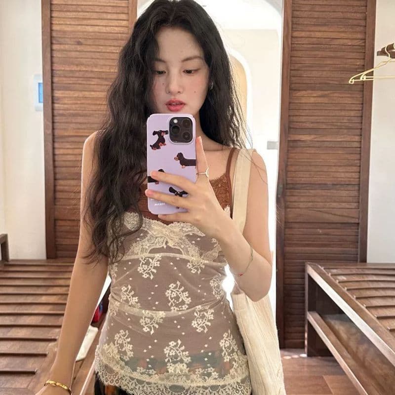 패치워크 배색 페이크 레이어드 디자인 센스 조끼 슬립 여성 몸매 가꾸기 다용도 외출용 레이스 레이스 민소매 맨위 여름