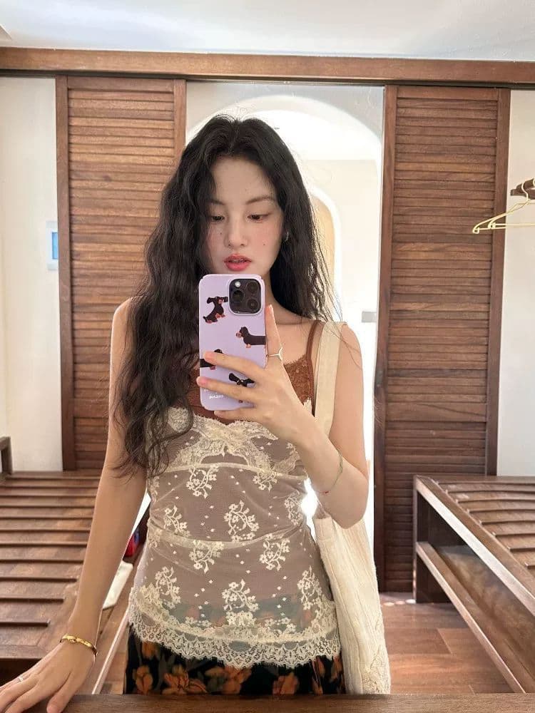 패치워크 배색 페이크 레이어드 디자인 센스 조끼 슬립 여성 몸매 가꾸기 다용도 외출용 레이스 레이스 민소매 맨위 여름 상세 이미지 6