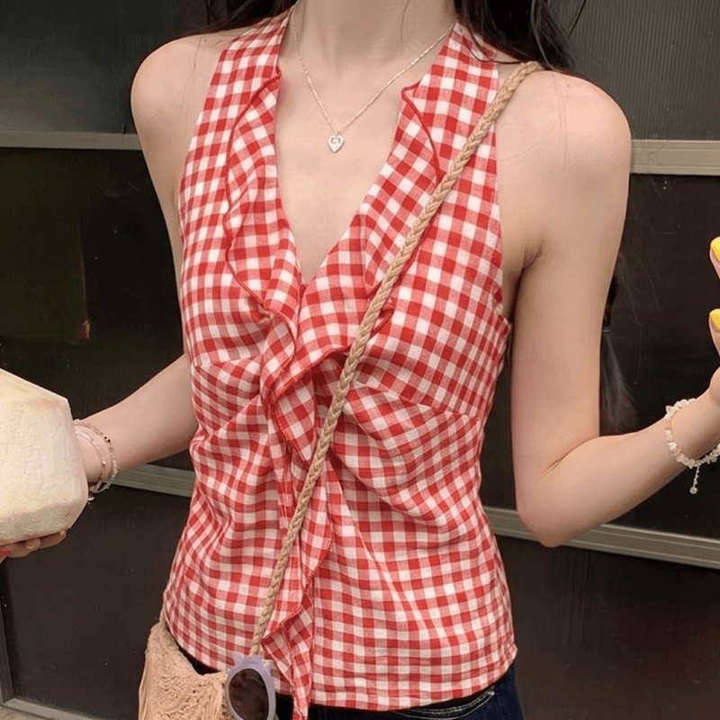 프랑스식 레트로 빨간색 체크무늬 프릴 행침 목 캐미솔 여름 외출용 허리 수축 슬림해 보이는 핫걸 맨위 이미지 5