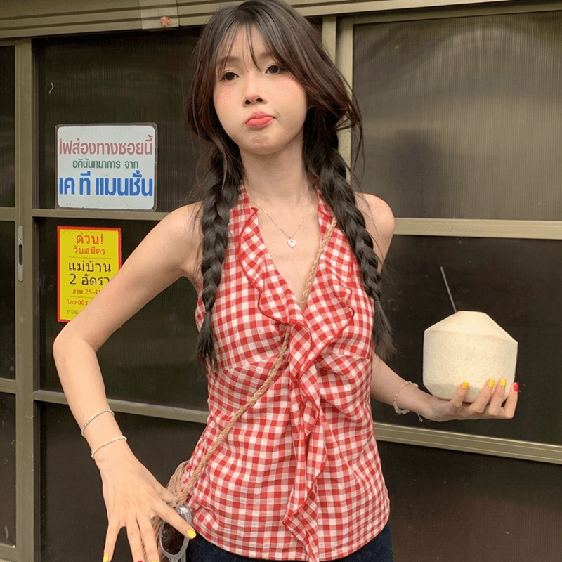 프랑스식 레트로 빨간색 체크무늬 프릴 행침 목 캐미솔 여름 외출용 허리 수축 슬림해 보이는 핫걸 맨위 이미지 2