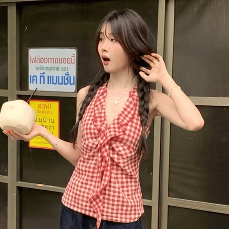 프랑스식 레트로 빨간색 체크무늬 프릴 행침 목 캐미솔 여름 외출용 허리 수축 슬림해 보이는 핫걸 맨위 이미지 4