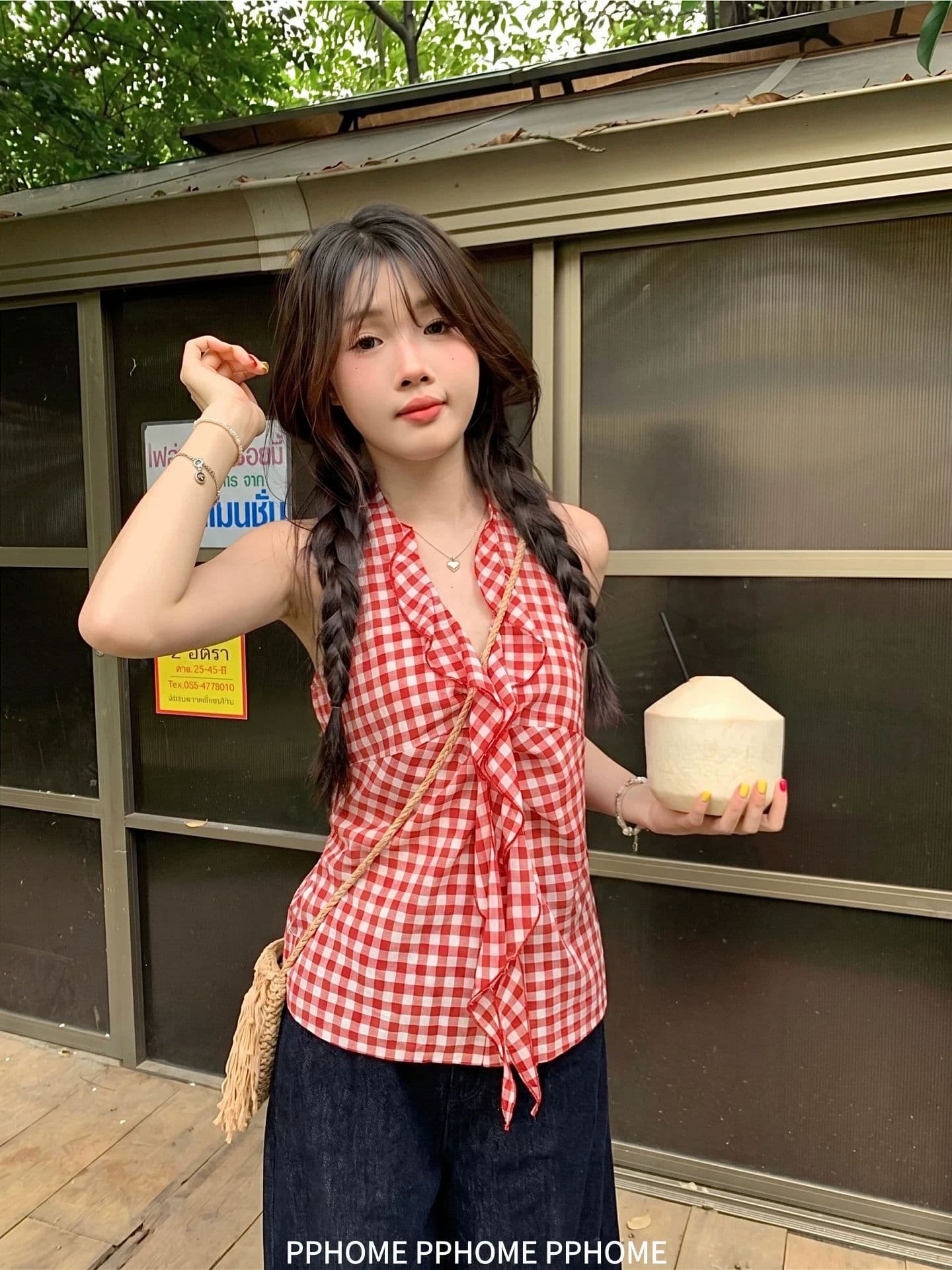 프랑스식 레트로 빨간색 체크무늬 프릴 행침 목 캐미솔 여름 외출용 허리 수축 슬림해 보이는 핫걸 맨위 상세 이미지 3