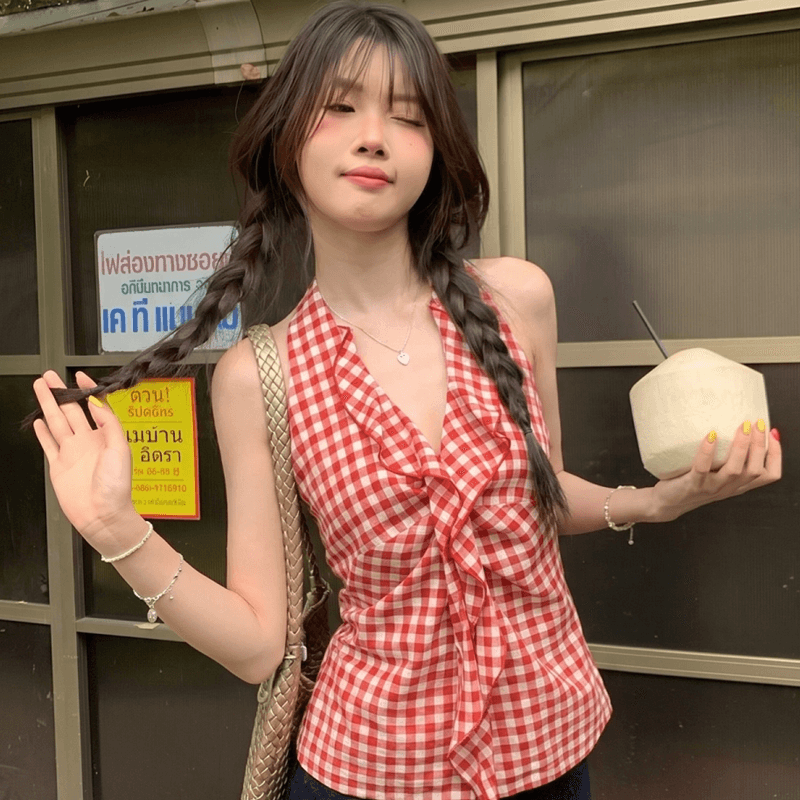 프랑스식 레트로 빨간색 체크무늬 프릴 행침 목 캐미솔 여름 외출용 허리 수축 슬림해 보이는 핫걸 맨위 상세 이미지 5