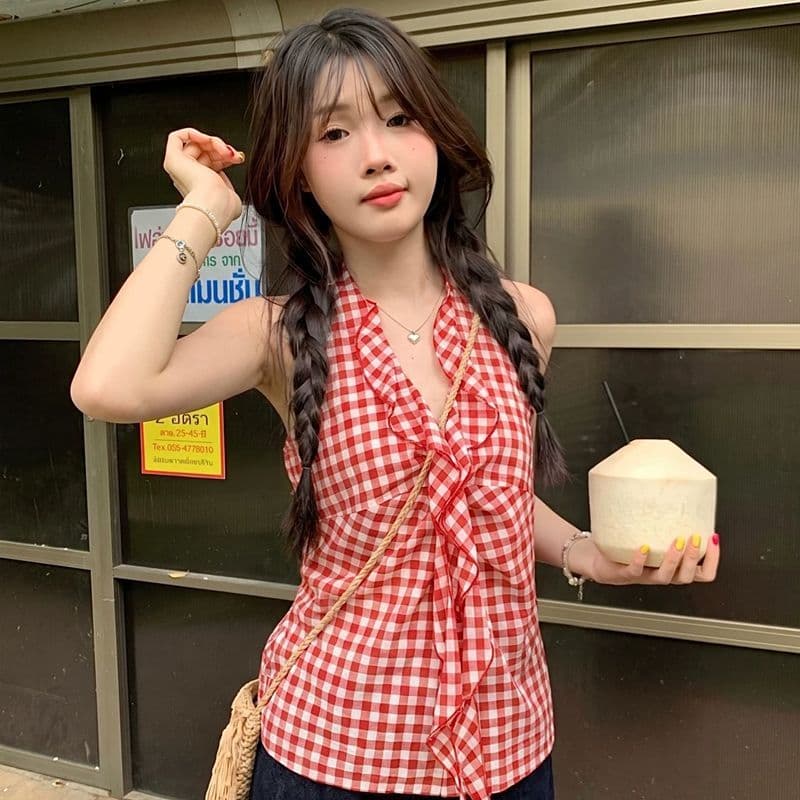 프랑스식 레트로 빨간색 체크무늬 프릴 행침 목 캐미솔 여름 외출용 허리 수축 슬림해 보이는 핫걸 맨위 상세 이미지 8