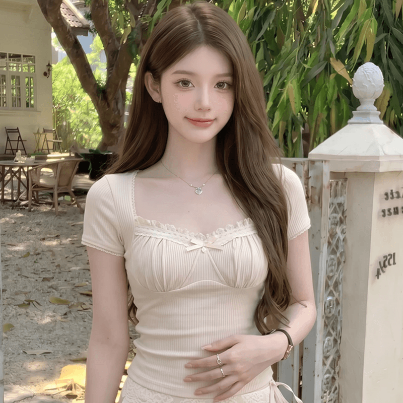 프랑스식 부드러운 레이스 조각 나비 매듭 반팔 니트 스웨터 여성 여름 몸매 가꾸기 슬림해 보이는 고급 센스 다용도 맨위 상세 이미지 5