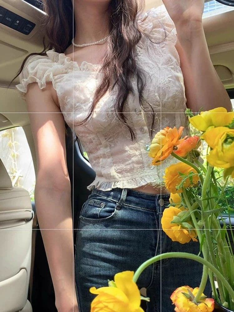 프랑스식 디자인 센스 프릴 여성 셔츠 여름 레이스 버블 반팔 Chic 작은 셔츠 오프숄더 쇼트 스타일 맨위 상세 이미지 5