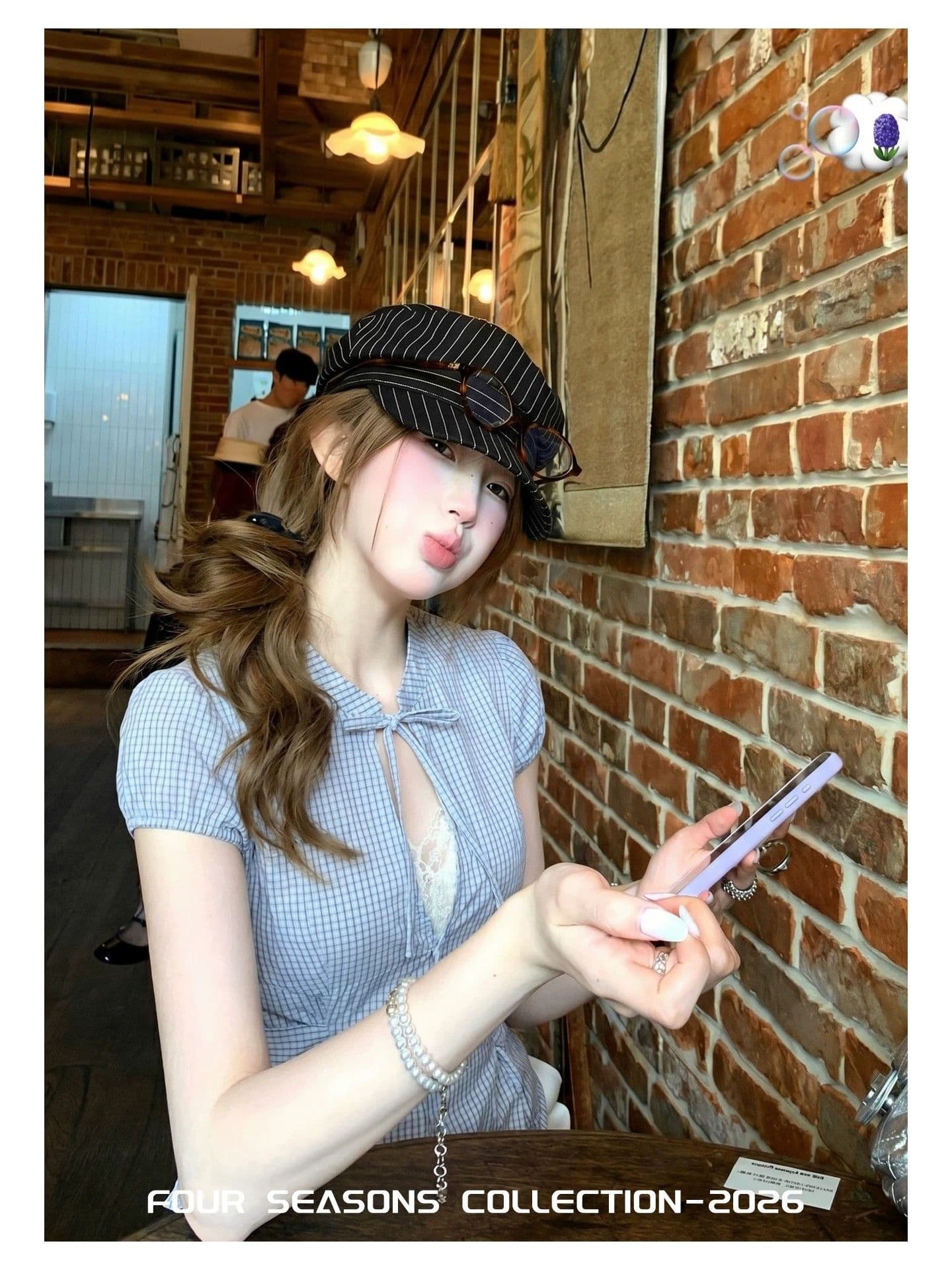 나비 매듭 홀로우 아웃 레이스업 여성 셔츠 여름 레트로 체크무늬 셔츠 반팔 허리 수축 맨위 상세 이미지 6