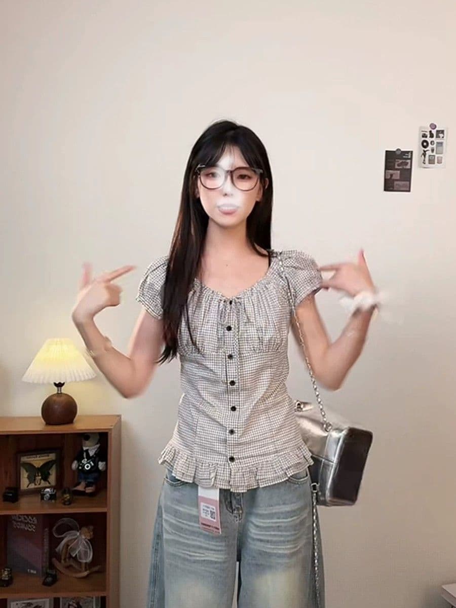 일본식 달콤함 체크무늬 광장 칼라 작은 셔츠 여성 여름 티셔츠 몸매 가꾸기 슬림해 보이는 작은 키 오프숄더 쇼트 스타일 순면 맨위 상세 이미지 11