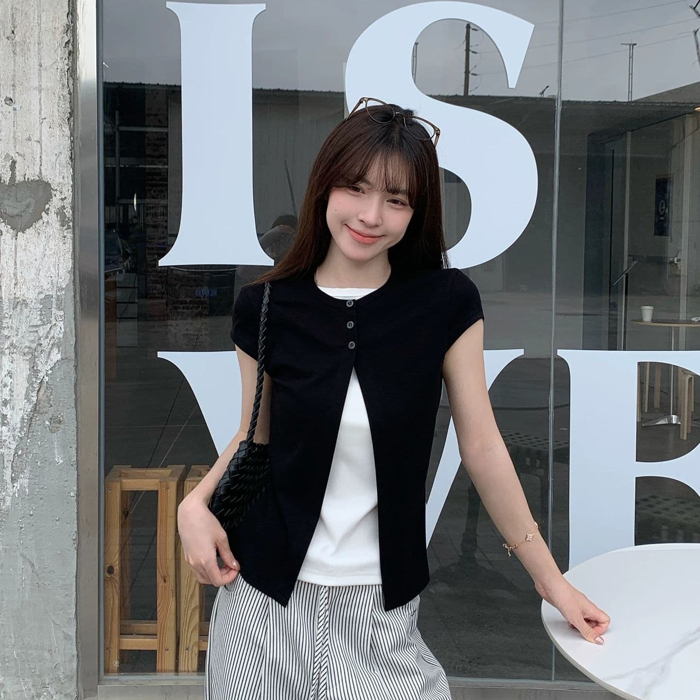 순면 리브 당겨 프레임 페이크 레이어드 티셔츠 여성 의류 여름 디자인 센스 연령 감소 다용도 풀오버 반팔 이미지 4