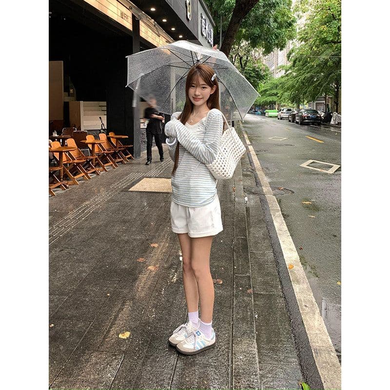 120 그램 60 접착제 40 폴리 에스터 파란색 V넥 스트라이프 자외선 차단 긴팔 티셔츠 여성 한 부서 루즈핏 블라우스 맨위 상세 이미지 6