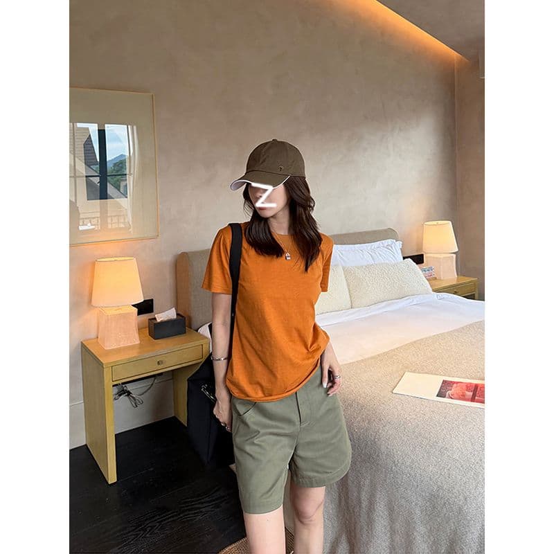순면 도파민 주황색 알파벳 프린트 라운드 넥 긍정적 인 어깨 반팔 티셔츠 여성 여름 루즈핏 맨위 이미지 5