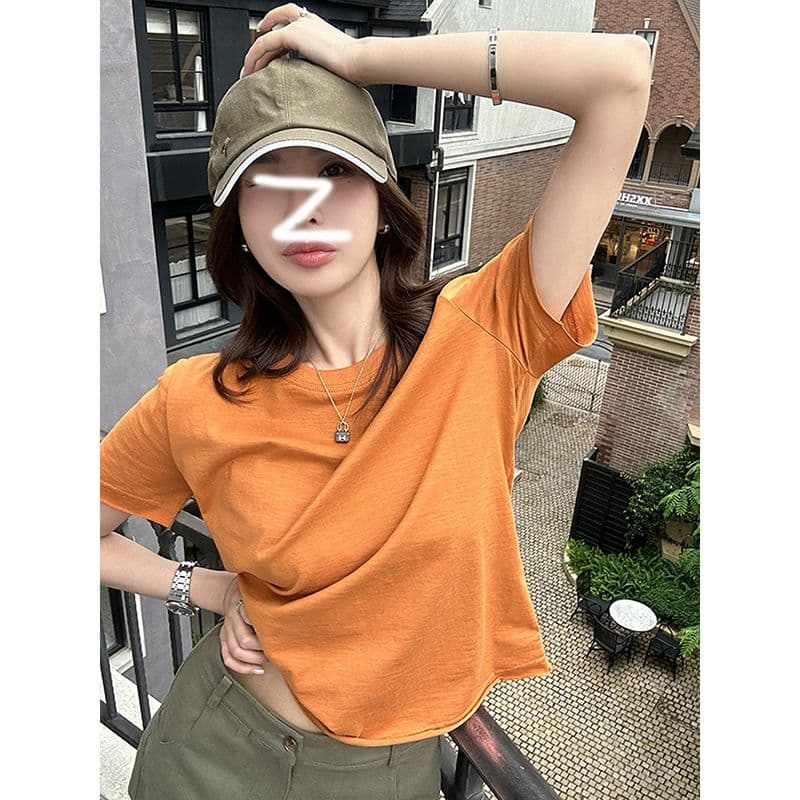 순면 도파민 주황색 알파벳 프린트 라운드 넥 긍정적 인 어깨 반팔 티셔츠 여성 여름 루즈핏 맨위 이미지 4