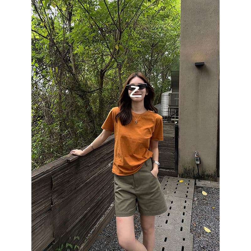 순면 도파민 주황색 알파벳 프린트 라운드 넥 긍정적 인 어깨 반팔 티셔츠 여성 여름 루즈핏 맨위 이미지 6