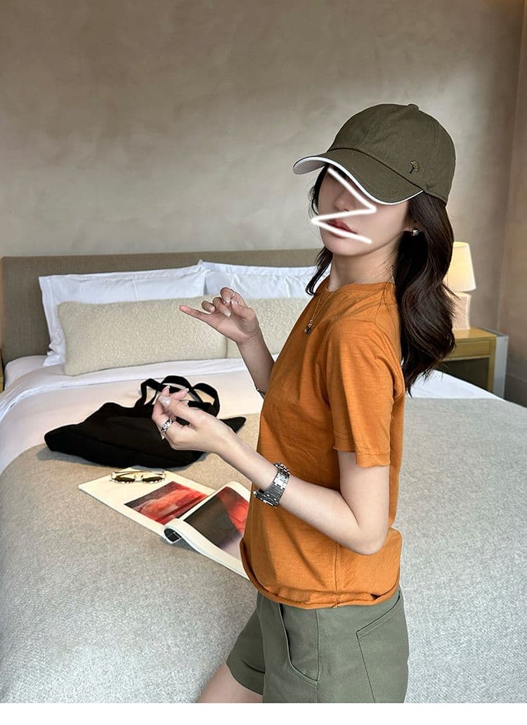 순면 도파민 주황색 알파벳 프린트 라운드 넥 긍정적 인 어깨 반팔 티셔츠 여성 여름 루즈핏 맨위 상세 이미지 7