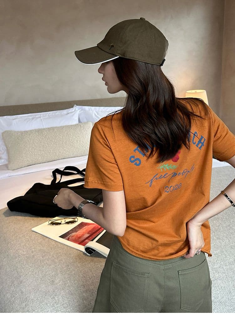 순면 도파민 주황색 알파벳 프린트 라운드 넥 긍정적 인 어깨 반팔 티셔츠 여성 여름 루즈핏 맨위 상세 이미지 18
