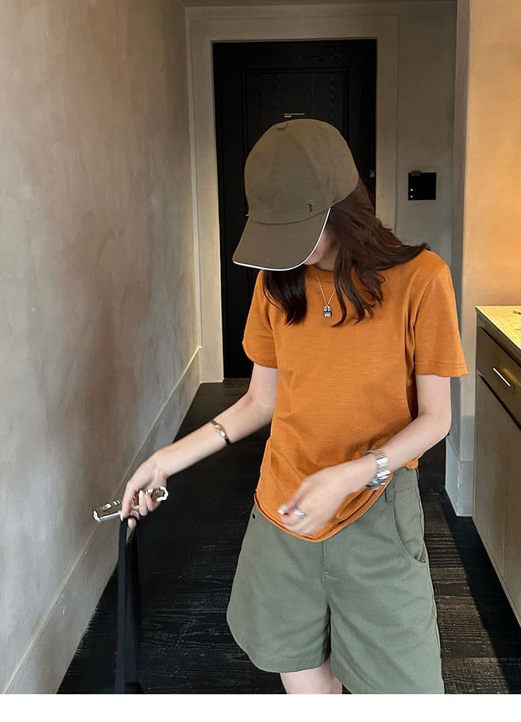 순면 도파민 주황색 알파벳 프린트 라운드 넥 긍정적 인 어깨 반팔 티셔츠 여성 여름 루즈핏 맨위 상세 이미지 20