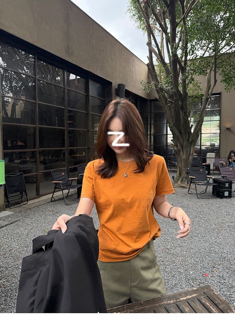 순면 도파민 주황색 알파벳 프린트 라운드 넥 긍정적 인 어깨 반팔 티셔츠 여성 여름 루즈핏 맨위 상세 이미지 21