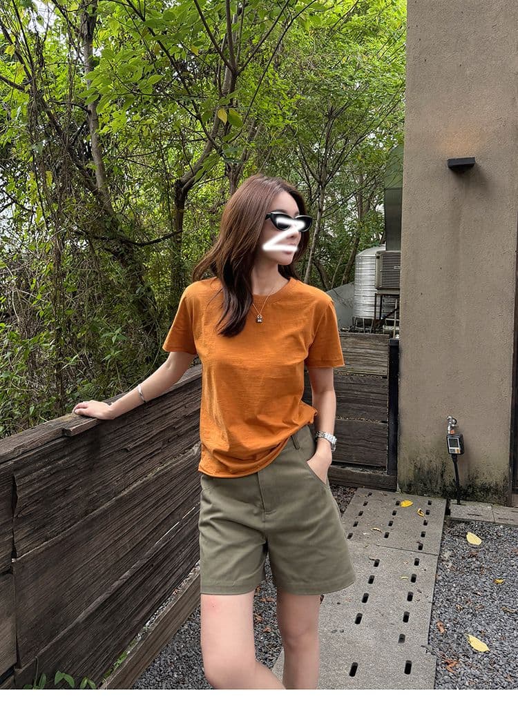 순면 도파민 주황색 알파벳 프린트 라운드 넥 긍정적 인 어깨 반팔 티셔츠 여성 여름 루즈핏 맨위 상세 이미지 22