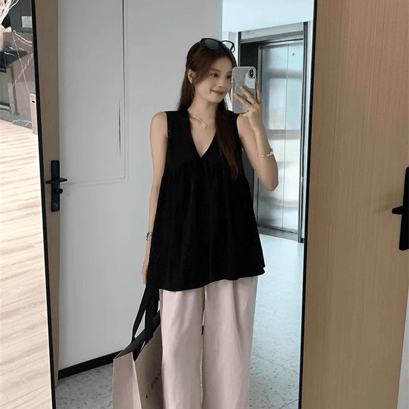 폴리 에스터 브로케이드 주름 원본 원단 디자인 센스 V넥 조끼 맨위 여름 루즈핏 빅 사이즈 외출용 슬립 ins 이미지 2