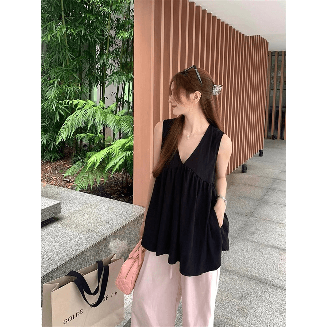 폴리 에스터 브로케이드 주름 원본 원단 디자인 센스 V넥 조끼 맨위 여름 루즈핏 빅 사이즈 외출용 슬립 ins 이미지 4