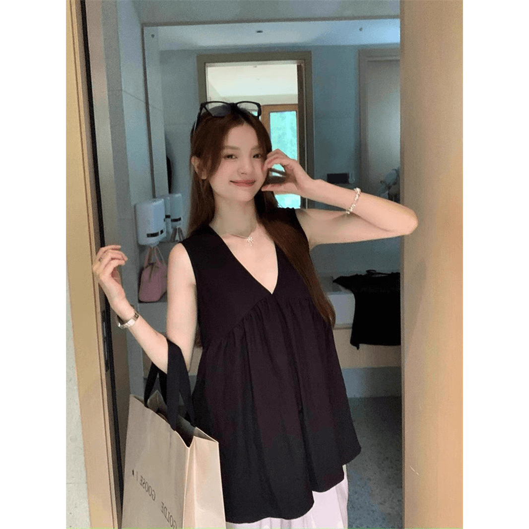 폴리 에스터 브로케이드 주름 원본 원단 디자인 센스 V넥 조끼 맨위 여름 루즈핏 빅 사이즈 외출용 슬립 ins 이미지 5