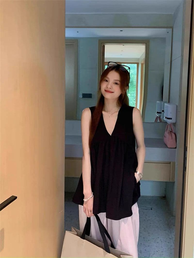 폴리 에스터 브로케이드 주름 원본 원단 디자인 센스 V넥 조끼 맨위 여름 루즈핏 빅 사이즈 외출용 슬립 ins 상세 이미지 5