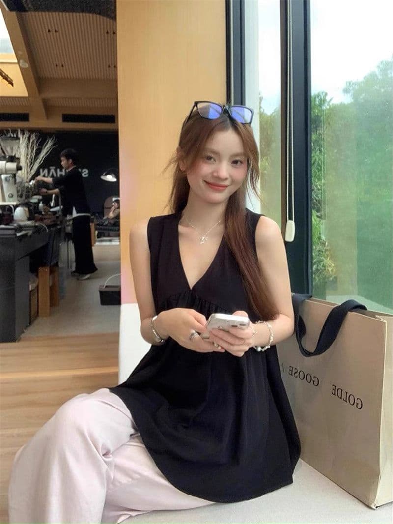 폴리 에스터 브로케이드 주름 원본 원단 디자인 센스 V넥 조끼 맨위 여름 루즈핏 빅 사이즈 외출용 슬립 ins 상세 이미지 7