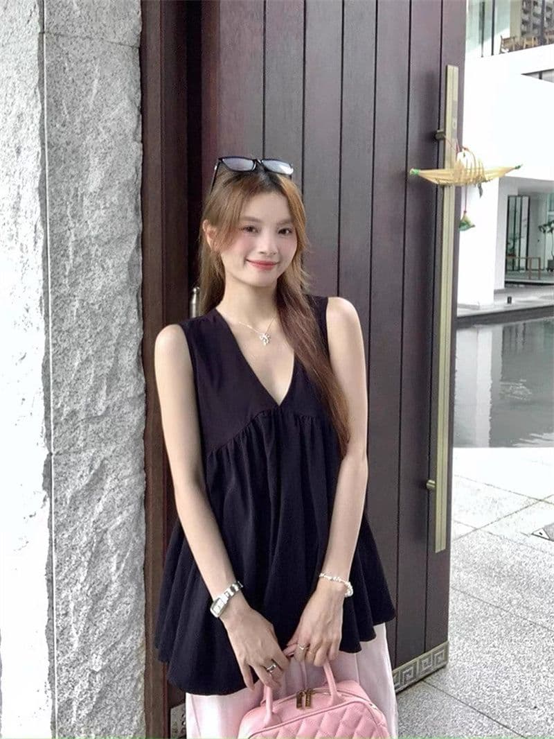 폴리 에스터 브로케이드 주름 원본 원단 디자인 센스 V넥 조끼 맨위 여름 루즈핏 빅 사이즈 외출용 슬립 ins 상세 이미지 8