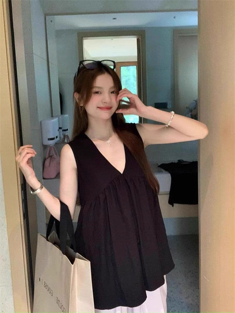 폴리 에스터 브로케이드 주름 원본 원단 디자인 센스 V넥 조끼 맨위 여름 루즈핏 빅 사이즈 외출용 슬립 ins 상세 이미지 13