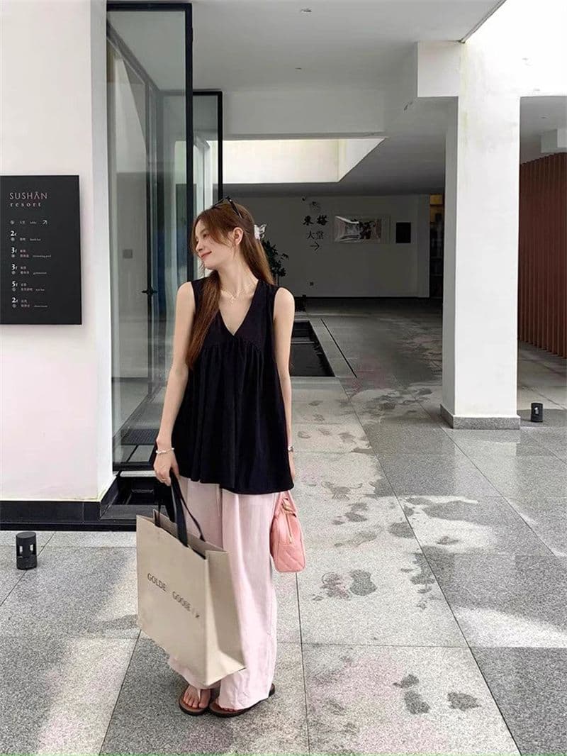 폴리 에스터 브로케이드 주름 원본 원단 디자인 센스 V넥 조끼 맨위 여름 루즈핏 빅 사이즈 외출용 슬립 ins 상세 이미지 15