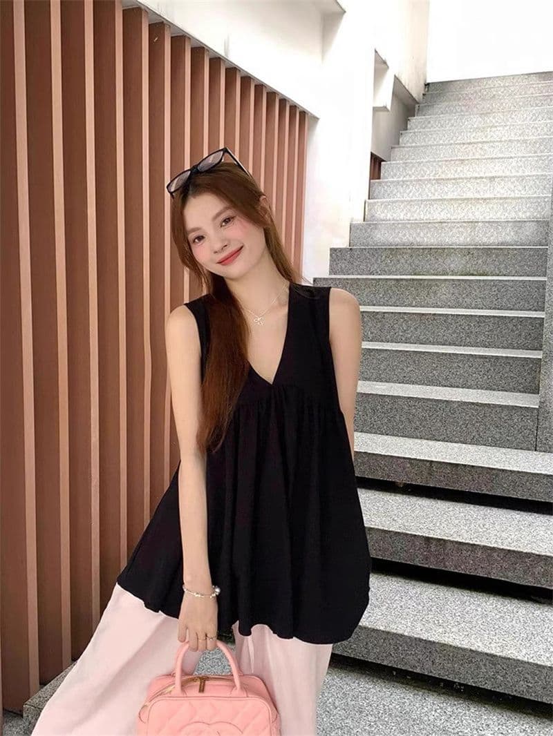 폴리 에스터 브로케이드 주름 원본 원단 디자인 센스 V넥 조끼 맨위 여름 루즈핏 빅 사이즈 외출용 슬립 ins 상세 이미지 17