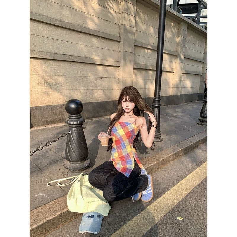 원본 품질 달콤한 핫걸 색상 체크무늬 캐미솔 여름 불규칙 허리 수축 chic 맨위 이미지 5