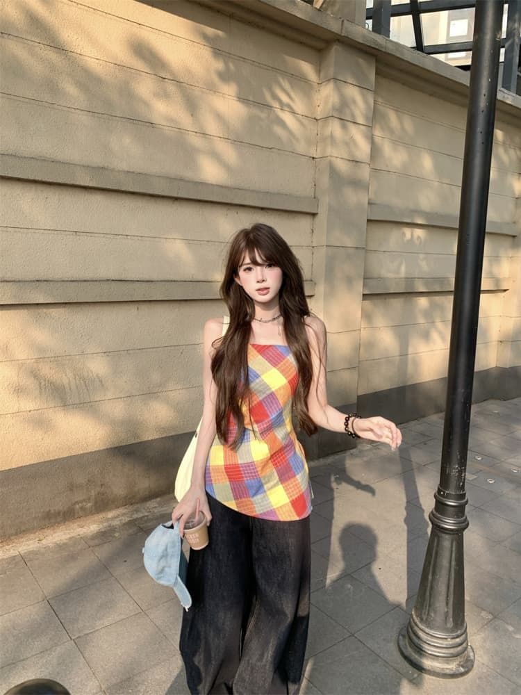원본 품질 달콤한 핫걸 색상 체크무늬 캐미솔 여름 불규칙 허리 수축 chic 맨위 상세 이미지 2