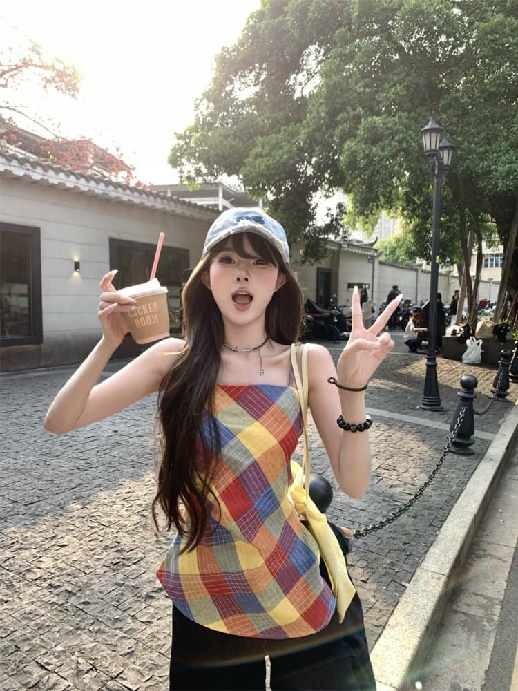 원본 품질 달콤한 핫걸 색상 체크무늬 캐미솔 여름 불규칙 허리 수축 chic 맨위 상세 이미지 4