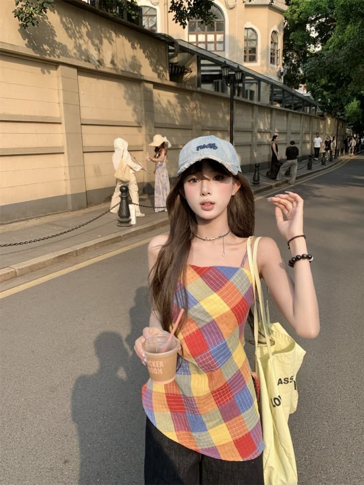 원본 품질 달콤한 핫걸 색상 체크무늬 캐미솔 여름 불규칙 허리 수축 chic 맨위 상세 이미지 6